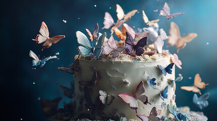Butterflies Emerging from Cake. A cake with butterflies flying around, ideal for celebration, spring, or nature-themed promotions.