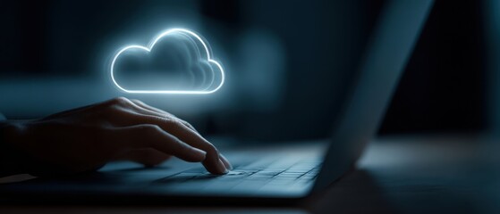 The cloud symbol hovering over a laptop keyboard in a dark workspace.