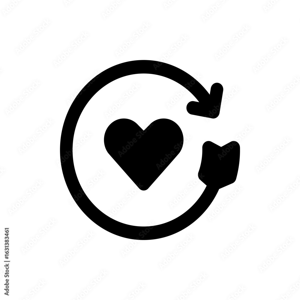 Poster heart symbol inside circular arrow indicating refresh or reload with a bold and simple design style 
