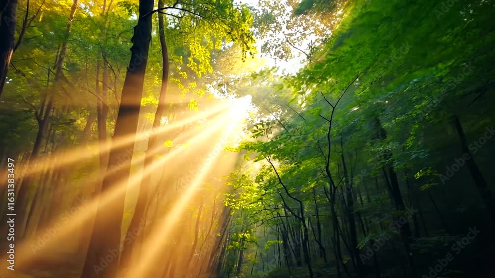 Aufkleber sunlight filtering through a lush forest canopy, creating a serene and tranquil atmosphere