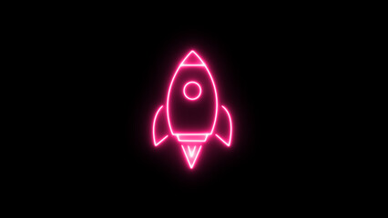 A vivid pink neon rocket ship blasting off into the darkness representing