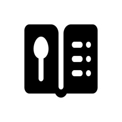 Illustration of an open cookbook with a spoon on one page and a list of items on the other page