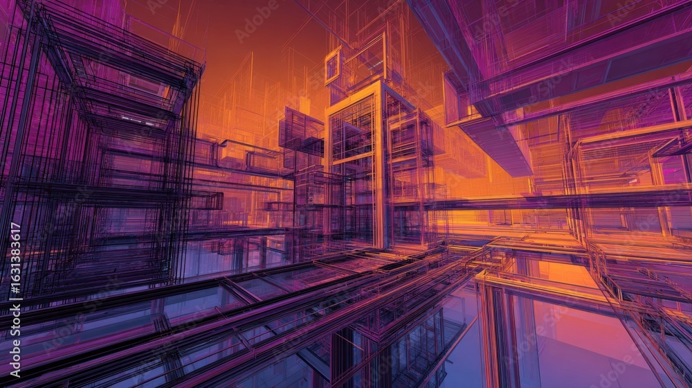 Poster abstract architectural rendering with vibrant colors showing a modern, high-tech building design for