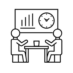 Two people sitting at a table with a chart and clock on the wall in a business meeting setting
