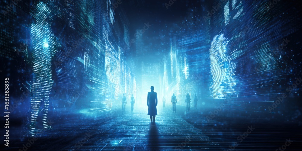 Poster futuristic cityscape with digital humans and glowing data streams representing future technology and