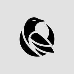 Elegant circular black raven bird logo, a modern minimalist vector icon for branding