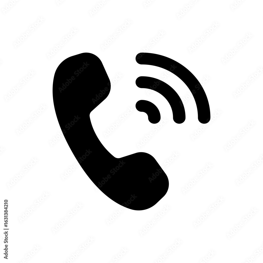Poster black telephone receiver with three curved lines indicating signal or sound on a white background ic