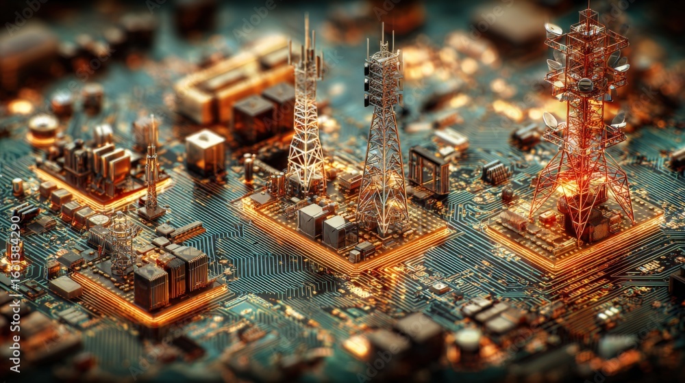 Aufkleber abstract telecommunication network infrastructure on circuit board, showcasing connectivity and tech