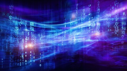 Abstract Digital Background with Binary Code and Flowing Light Streaks in Blue and Purple
