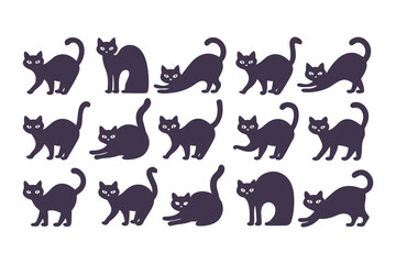 Collection of black cat silhouettes in different poses. Vector illustration set of cats walking, sitting, and standing, isolated on white.