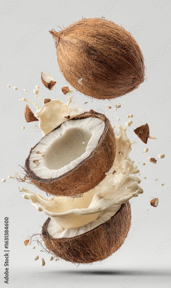 Poster coconut splash: fresh tropical fruit exploding with milk, capturing natural goodness and refreshment