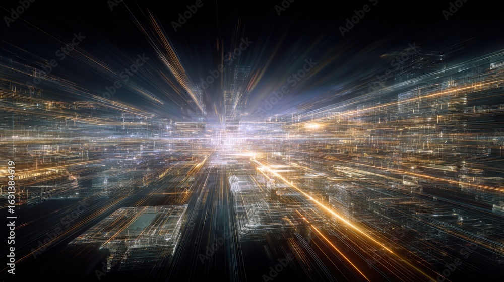 Poster abstract futuristic background with light streaks and geometric patterns, representing advanced tech