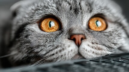 Close-up of a gray Scottish Fold cat with amber eyes, gazing intently at a laptop keyboard