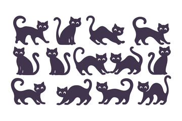 Collection of black cat silhouettes in different poses. Vector illustration set of cats walking, sitting, and standing, isolated on white.