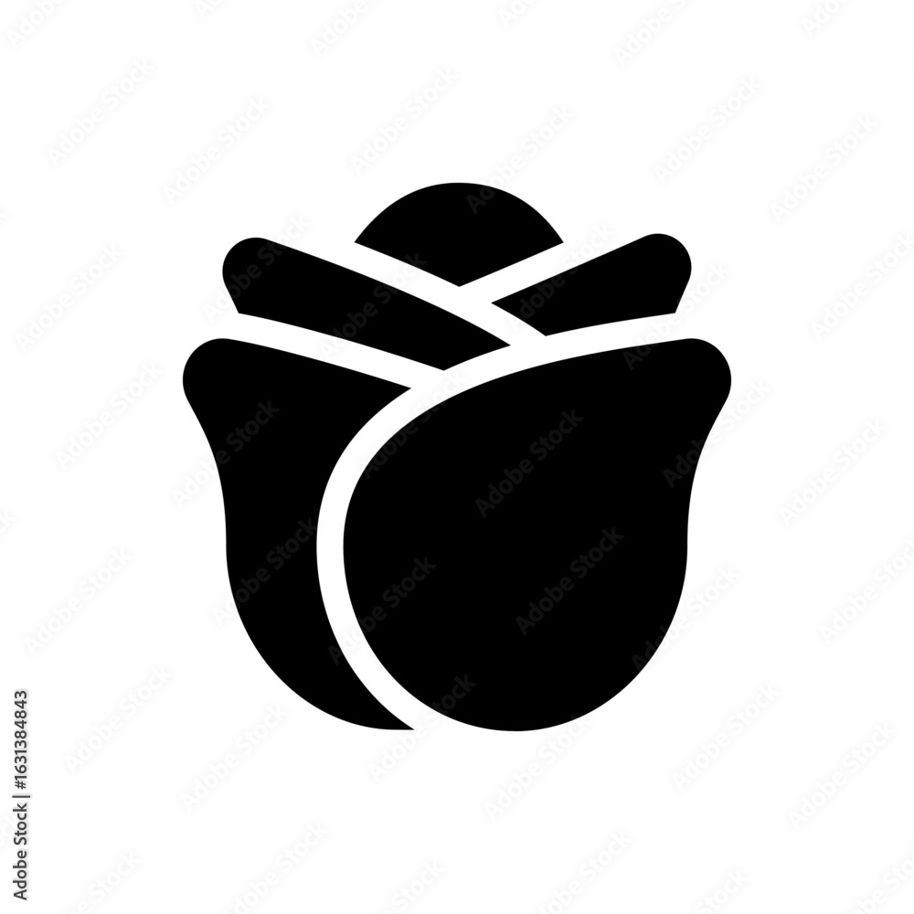 Poster a simple black and white graphic of a rose bud with overlapping petals in a minimalist style design 