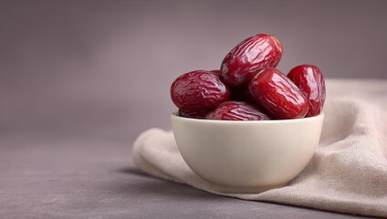 Obraz premium A bowl of fresh dates on a soft cloth, showcasing their rich color and texture.