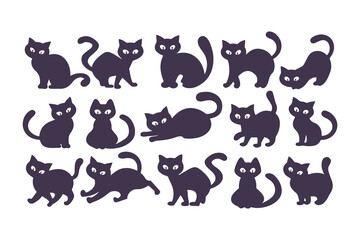 Collection of black cat silhouettes in different poses. Vector illustration set of cats walking, sitting, and standing, isolated on white.