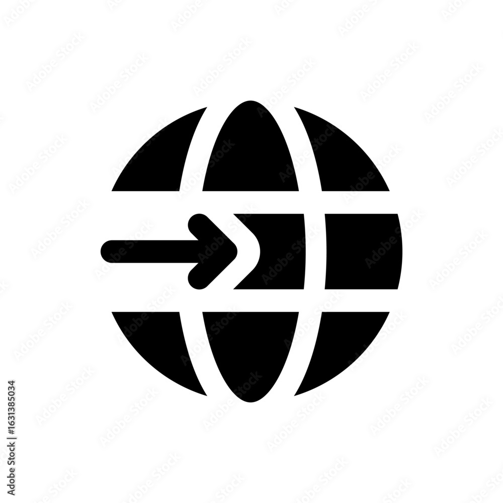 Poster black globe with white horizontal and vertical lines and an arrow pointing into the globe, simple de