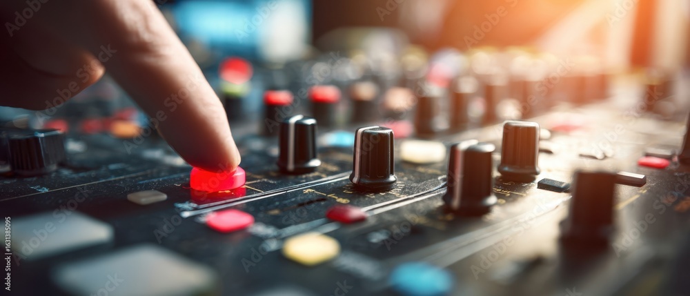 Poster the hand pressing a button on a professional audio mixing console.