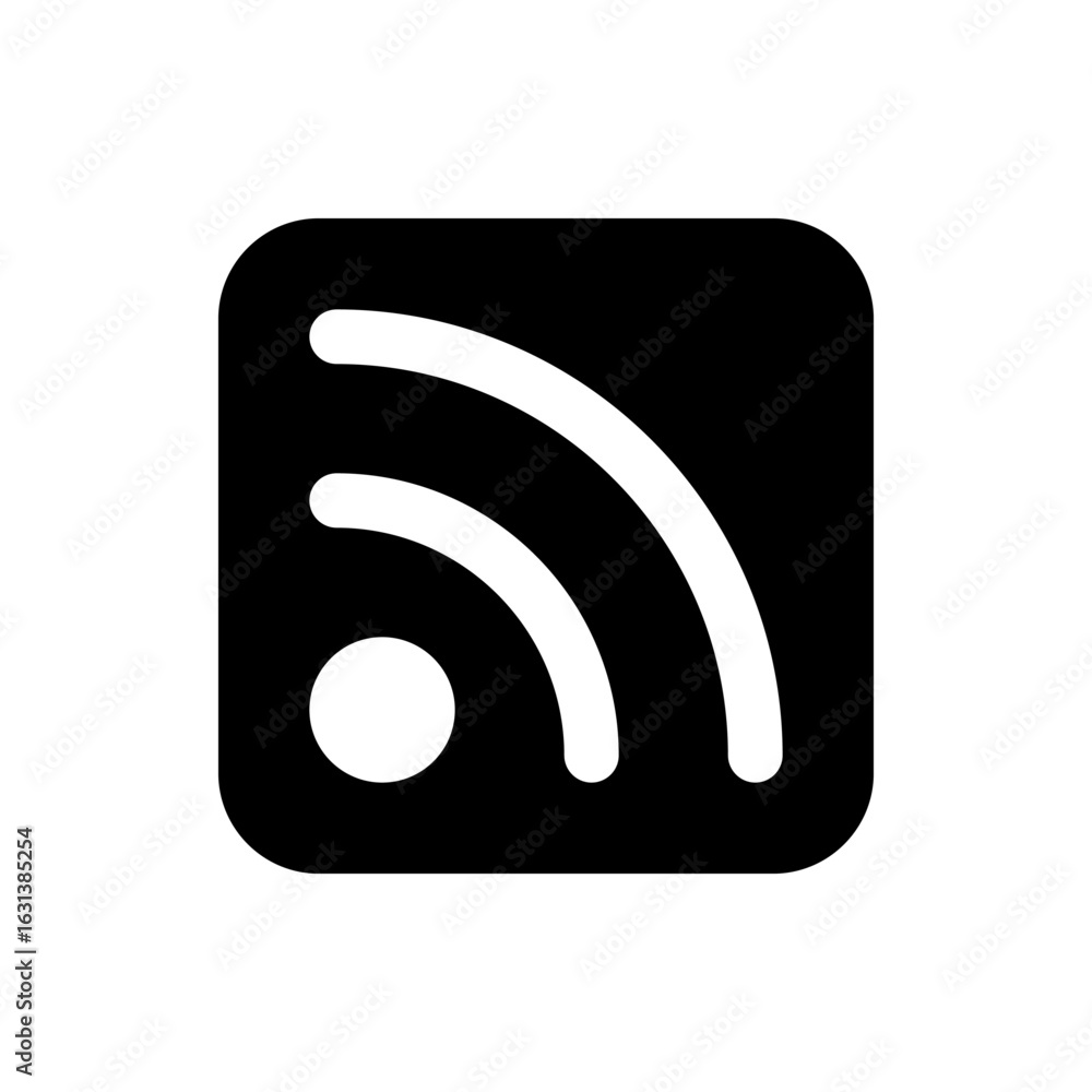 Aufkleber illustration of a black square with rounded corners containing a white rss symbol with circle and ar