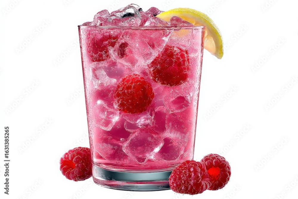 Poster refreshing raspberry drink with ice cubes and lemon slice on a white background