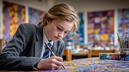 Focused Young Student Painting Intricate Artwork in a Bright Art Studio with Colorful Background