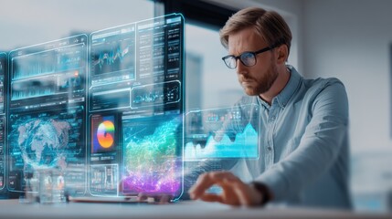 Data Scientist Analyzing Futuristic Interface with Charts, Graphs and Information on Transparent Digital Screens