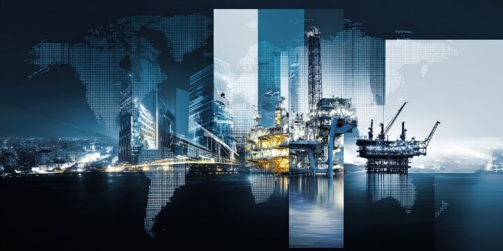 Global Oil and Gas Industry Montage: Cityscape, Offshore Platform, World Map Composite - Powered by Adobe