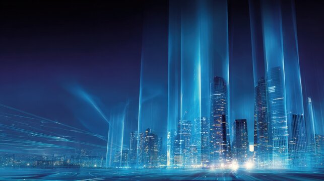 Futuristic Cityscape with Glowing Light Streaks, Representing Data Flow, Technology, and Modern Urban Life - Powered by Adobe