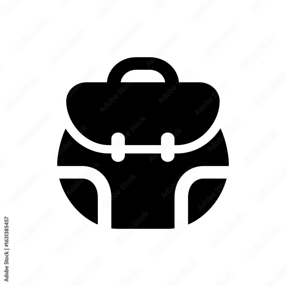 Poster illustration of a black satchel with a handle and white fastenings in a simple and modern style desi