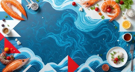 Fresh Seafood Platter on Abstract Ocean Background