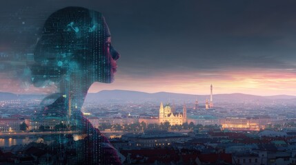 Woman Integrating with Digital Cityscape, Representing AI, Technology, and Futuristic Urban Development