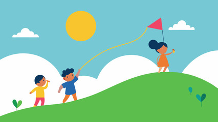 Fototapeta premium kids flying kites sunny hill outdoor fun breeze