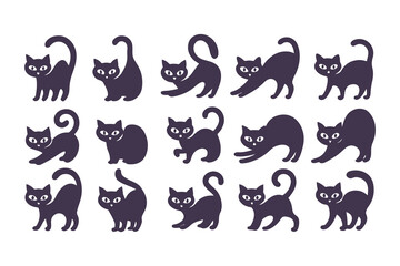 Collection of black cat silhouettes in different poses. Vector illustration set of cats walking, sitting, and standing, isolated on white.