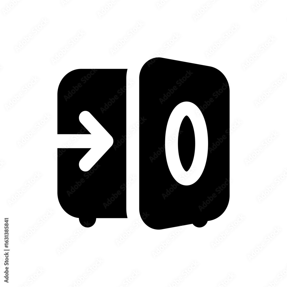 Poster black icon showing an automatic door with an arrow pointing towards the right and a zero on the othe