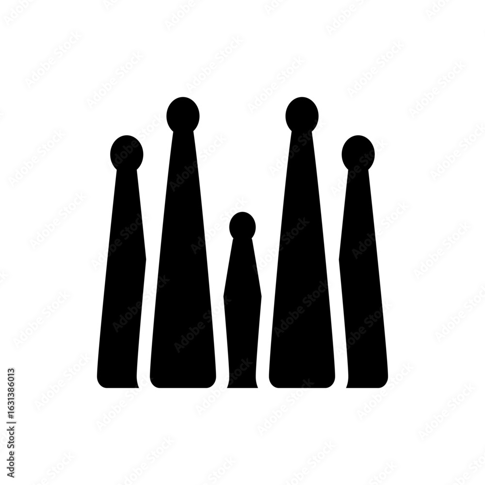 Poster illustration of five abstract shapes with rounded tops arranged in a row on a white background desig