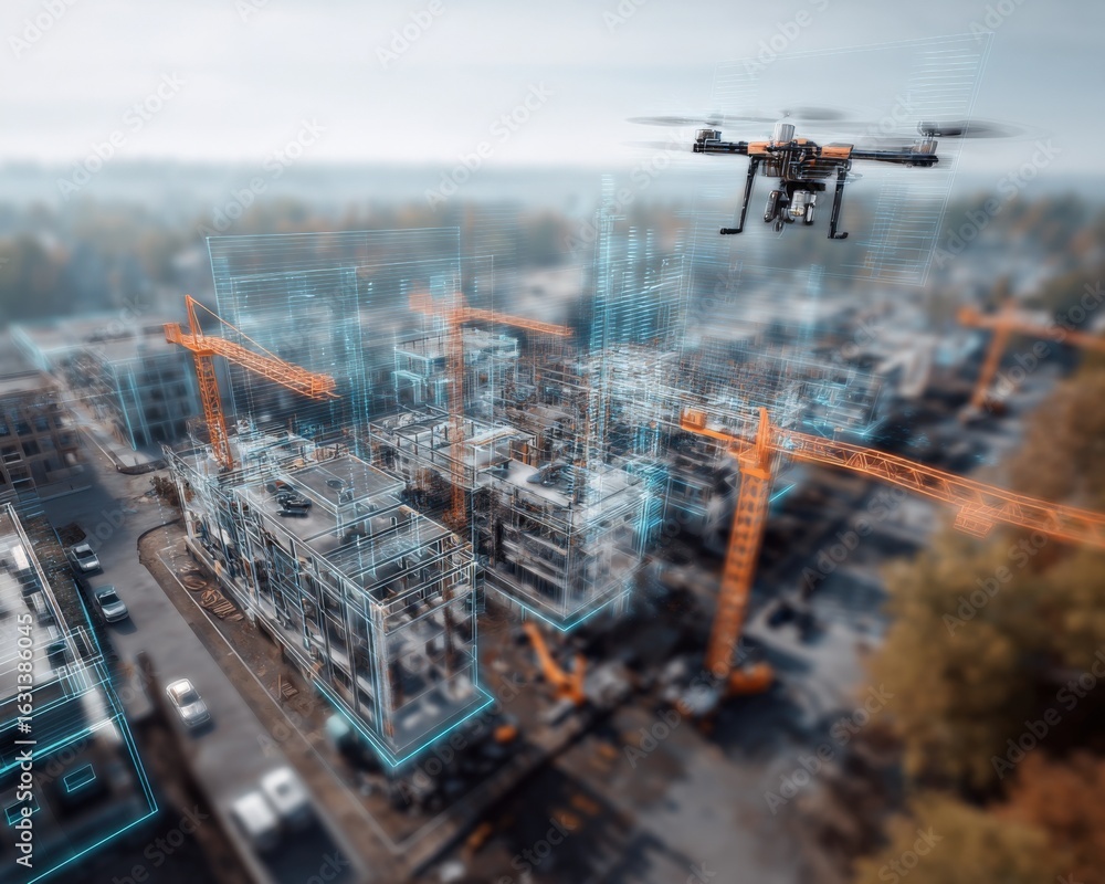 Poster drone inspecting construction site with augmented reality overlay, featuring cranes and building fra