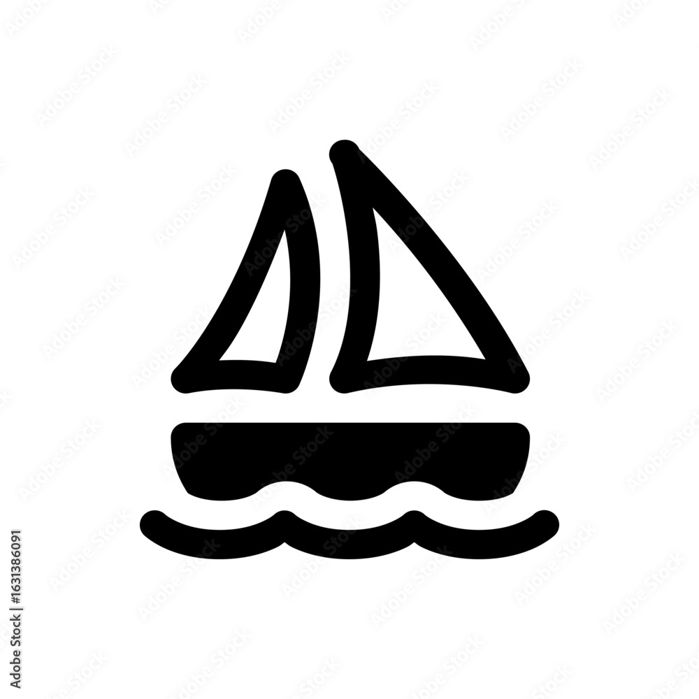 Poster illustration of a simple sailboat with two sails floating on water with a minimalist black outline s
