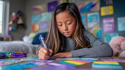 Focused Asian Girl Drawing at Home surrounded by her Artwork and Art Supplies for Creative Expression