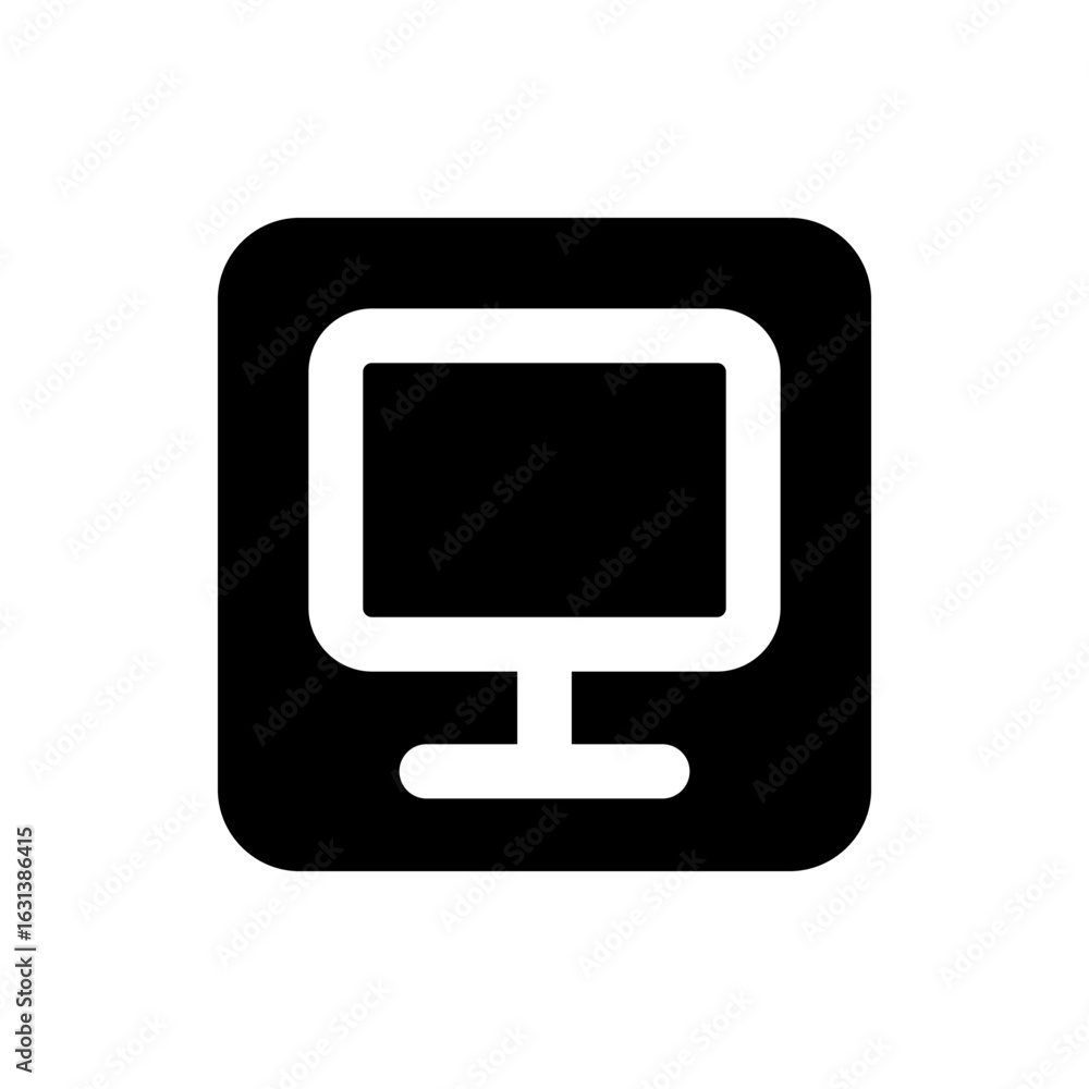 Aufkleber illustration of a white computer monitor with a black screen on a black rounded square background de