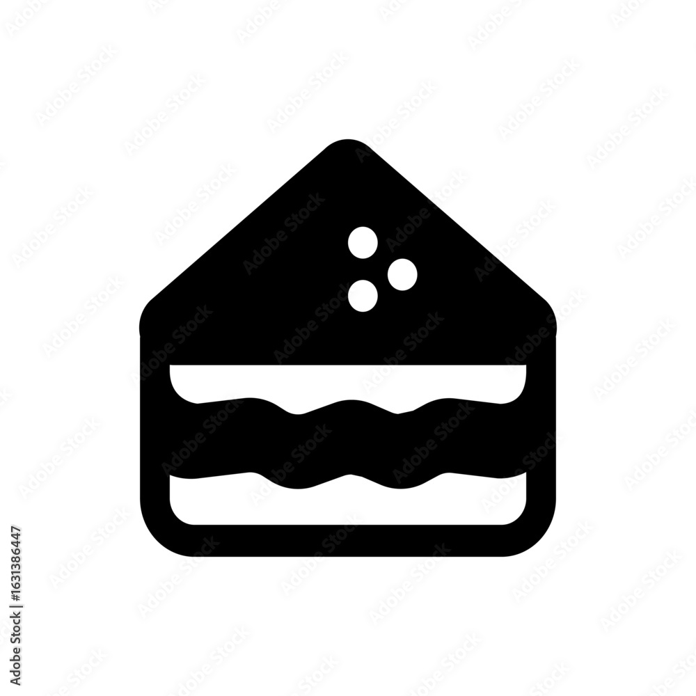 Poster illustration of a black and white slice of cake with three dots on top and two layers of filling sho