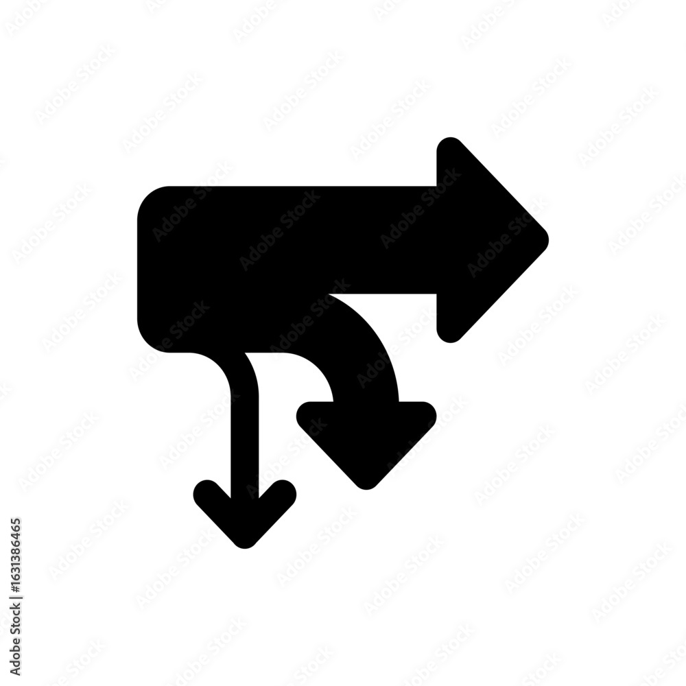 Aufkleber three way direction arrow splits into right and downward paths in a black vector illustration design