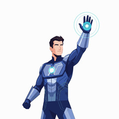 Futuristic Superhero: A sleek, modern illustration captures a dynamic male figure in a technologically advanced suit, extending his hand towards a glowing interface.