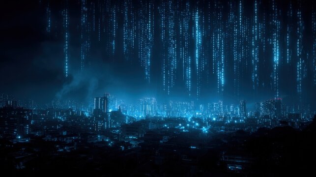 Futuristic Cityscape with Digital Rain: High-Tech Urban Scene with Abstract Data Streams, Modern Metropolis, and Night Illumination - Powered by Adobe