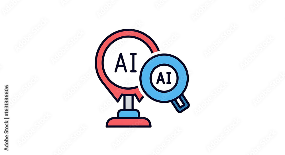 Poster a graphic depicting ai with a magnifying glass and a stand on a plain white background simple design