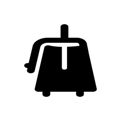 Illustration of a black cowbell with a handle and small wheels at the bottom on a white background
