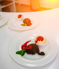 Delicious chocolate dessert with ice cream and fruit sauce served in a bright dining area