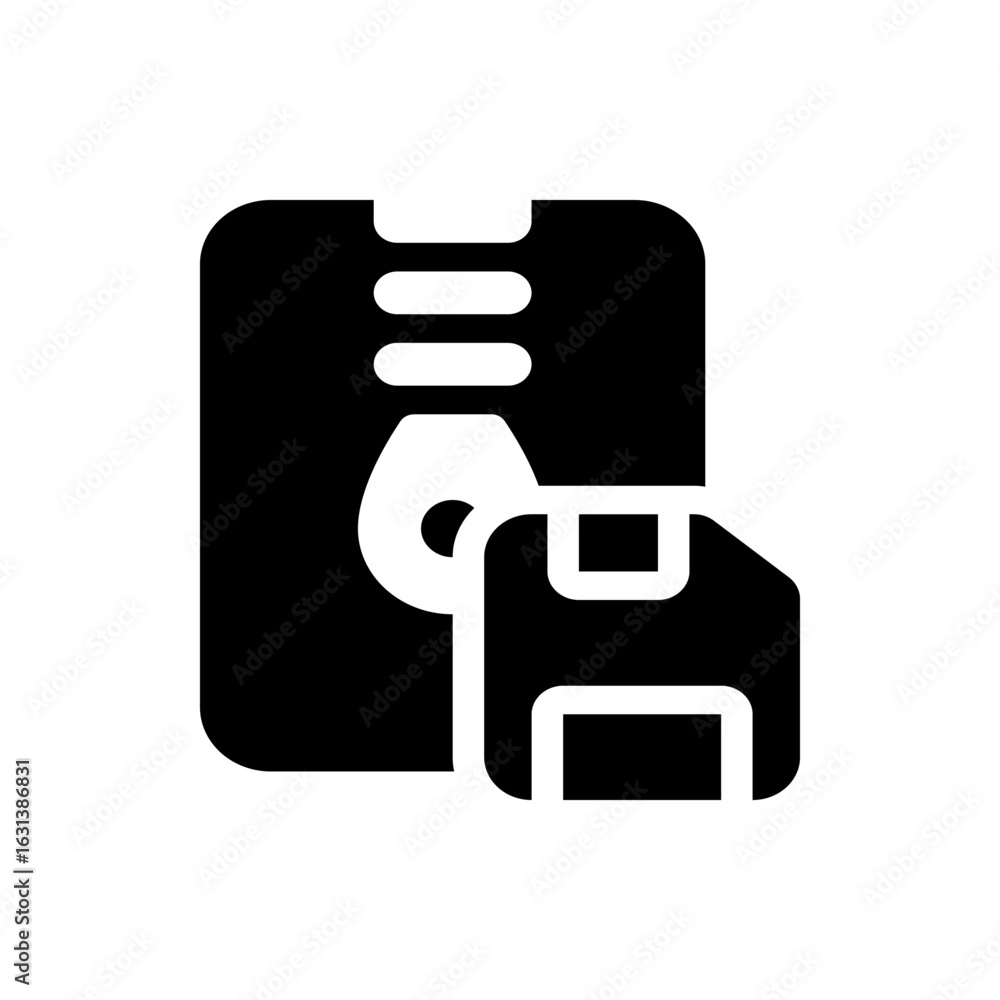 Poster illustration of a black zip file icon with a floppy disk in front, symbolizing data compression proc
