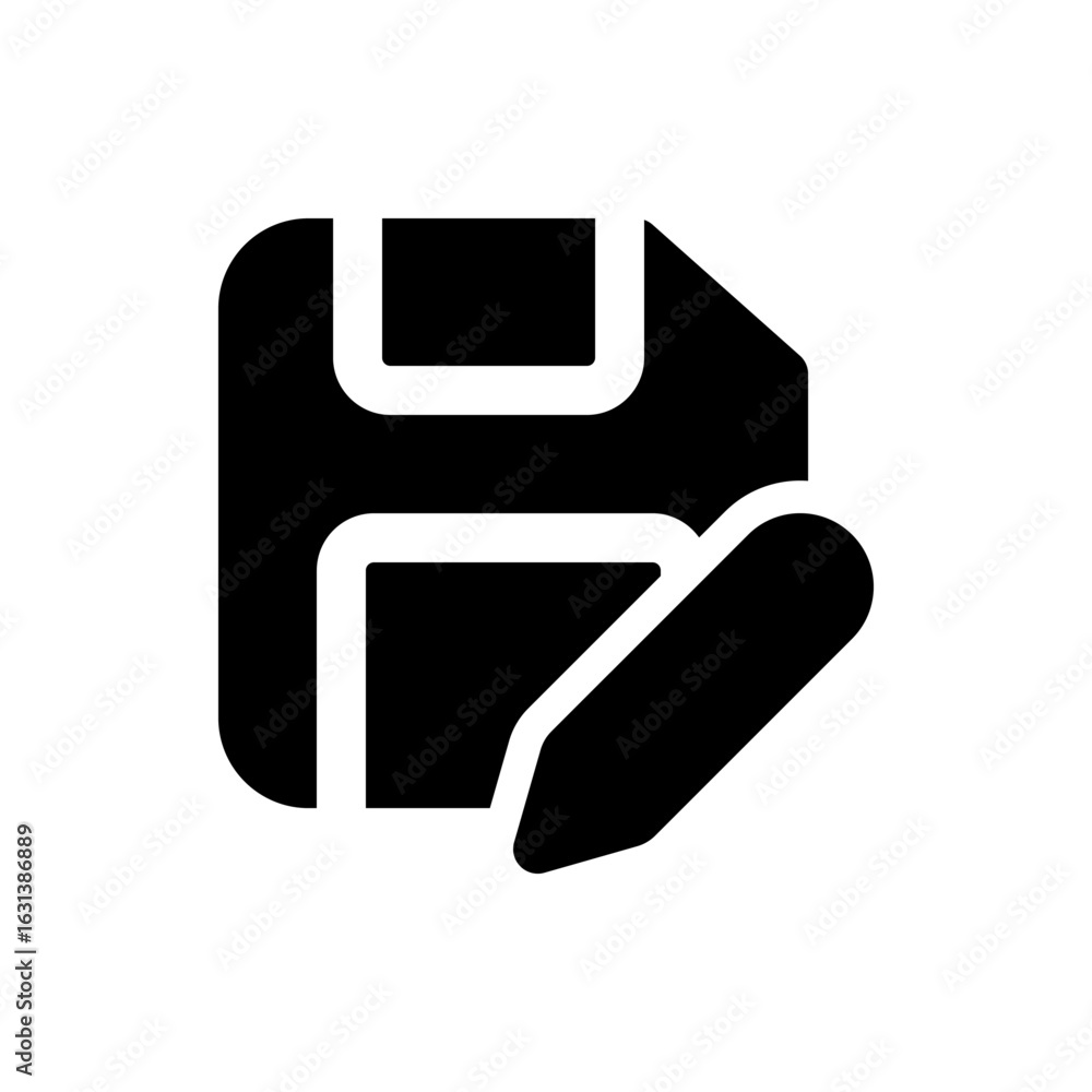 Aufkleber a simple black and white icon representing a floppy disk with a pencil overlaying the bottom right c