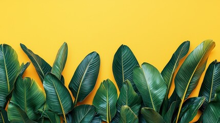Vibrant tropical leaves on yellow background